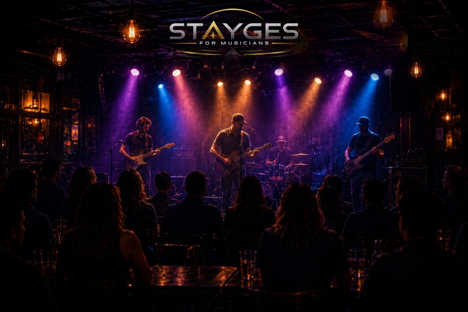 A band performing on stage under colored spotlights, watched by a crowd at Bar Accord