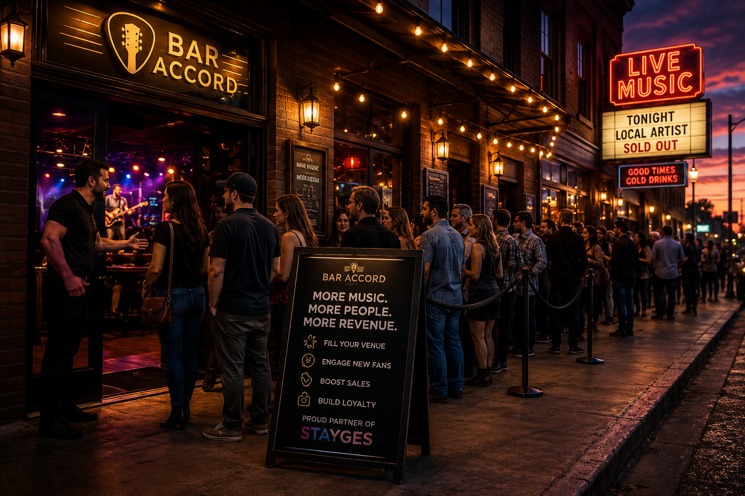 A packed line outside Bar Accord, a proud partner of Stayges